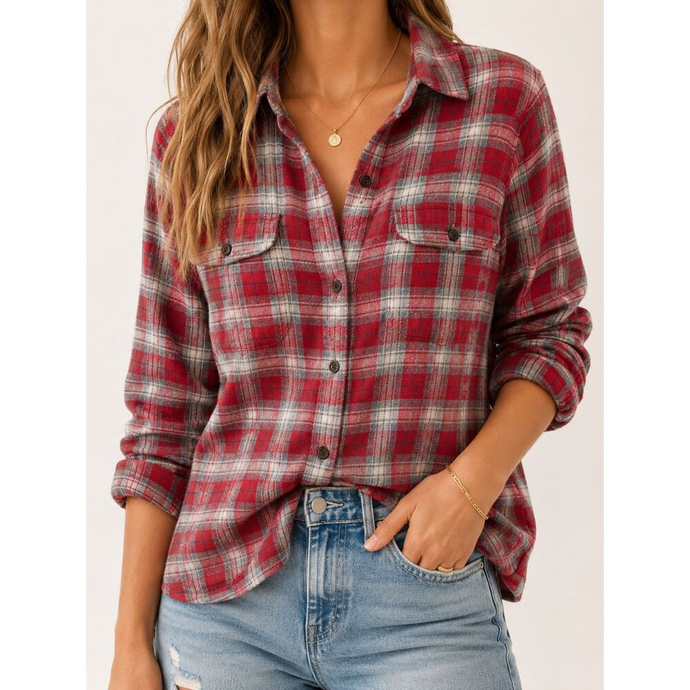 Madewell Ex-Boyfriend Flannel Shirt Fairfax Plaid Red Gray Size S